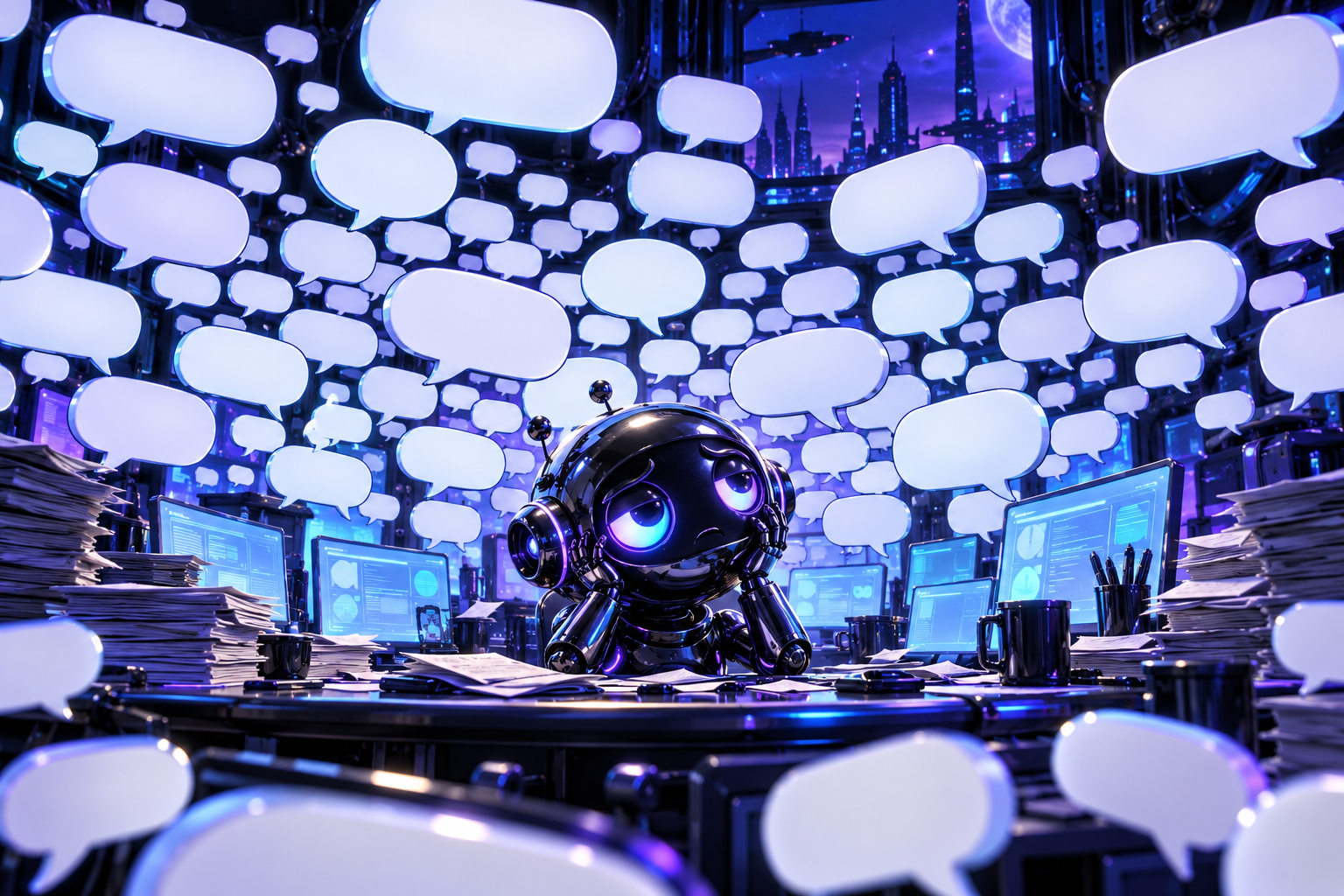 An overloaded robot at a control desk surrounded by speech bubbles